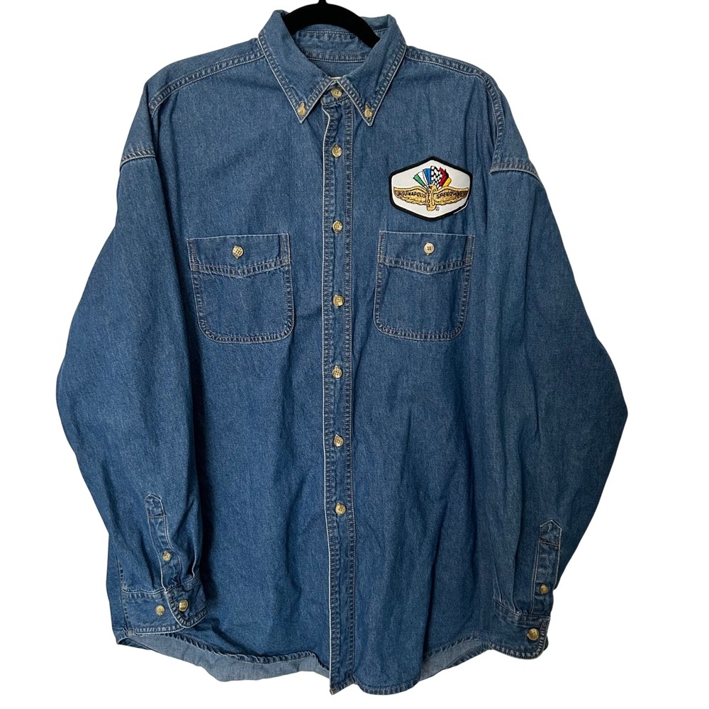 VTG 90's Lee Men's Large Denim Button up Shirt Indianapolis Motor Speedway Patch